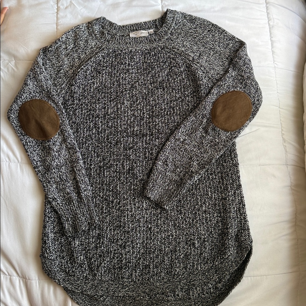 RD Style Black and White Sweater with Brown Elbow Patches